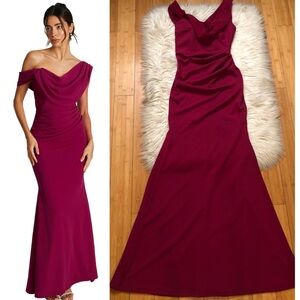 Quiz Scuba Crepe Asymmetric Ruched Cowl Neck Burgundy Evening Maxi Dress 6 NWT